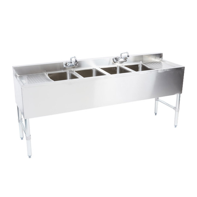 4 Bowl Underbar Sink with Two Faucets and Two Drainboards - 72
